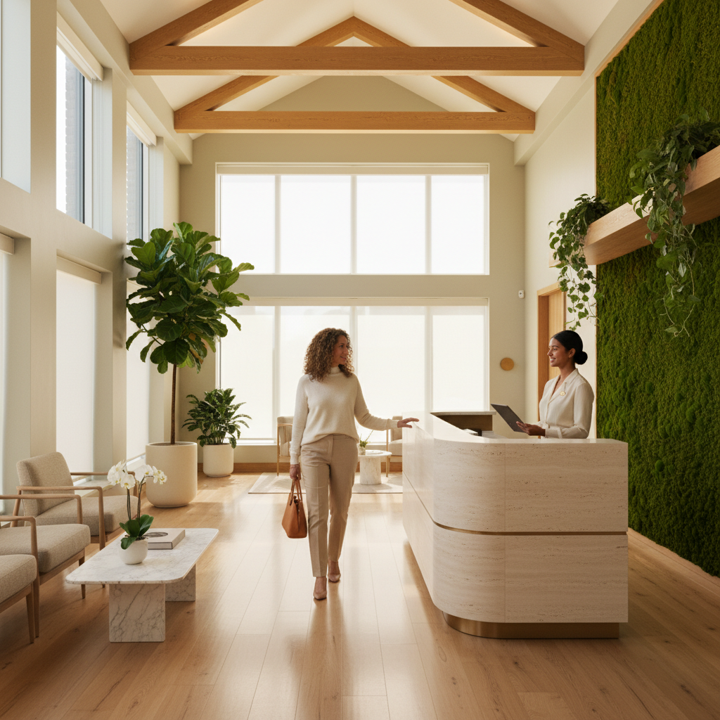 A daylit reception area of the Q Bio clinic in Redwood City — a member arriving at a curved travertine reception desk under exposed wood beams, with a living moss wall and soft seating.