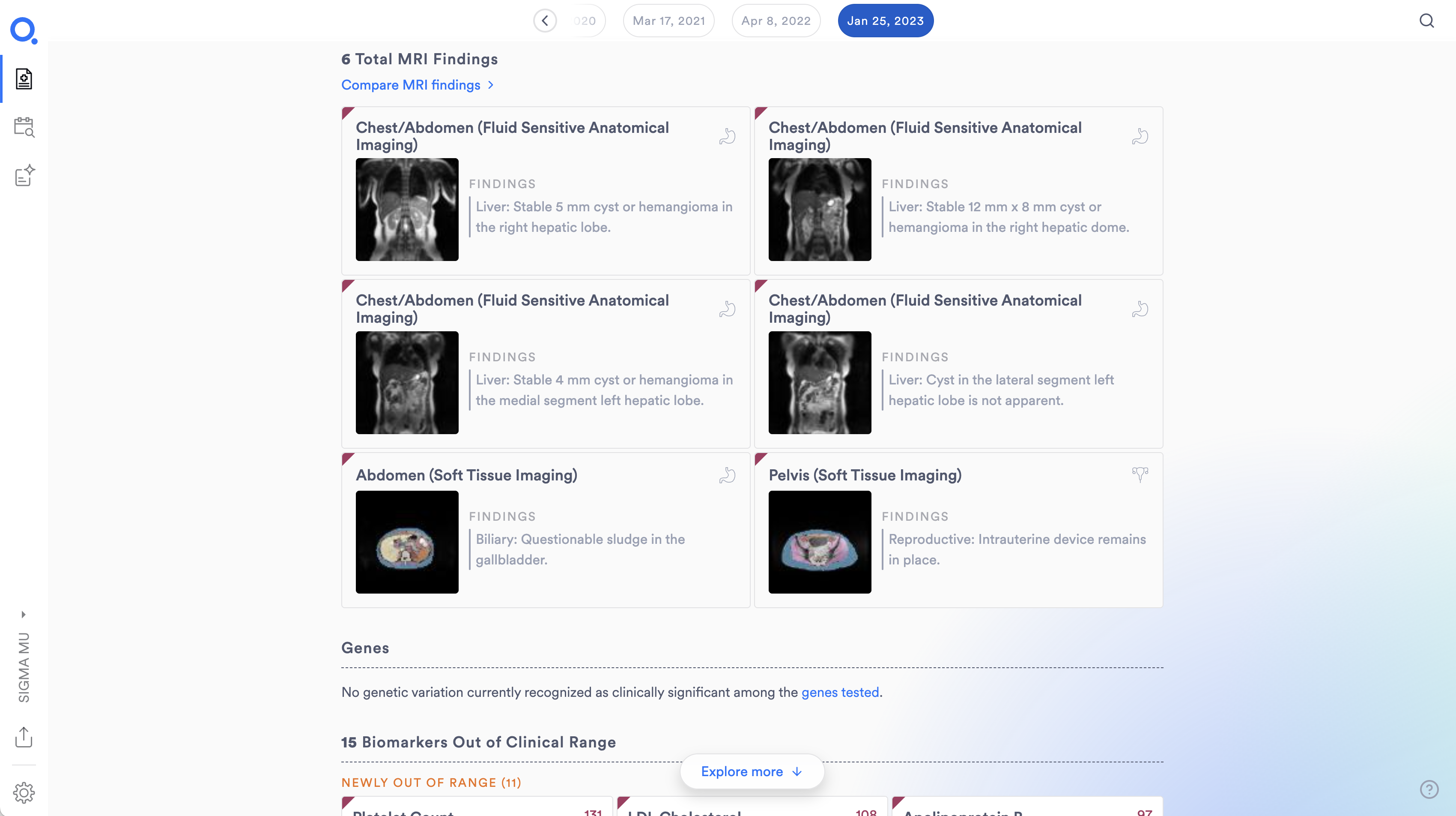 Six MRI finding cards from the Q Bio Health Dashboard — Chest/Abdomen fluid sensitive anatomical imaging panels showing stable liver cysts and hemangiomas, plus abdomen and pelvis soft tissue findings — with a date selector across exam history and a Genes / Biomarkers section beneath.