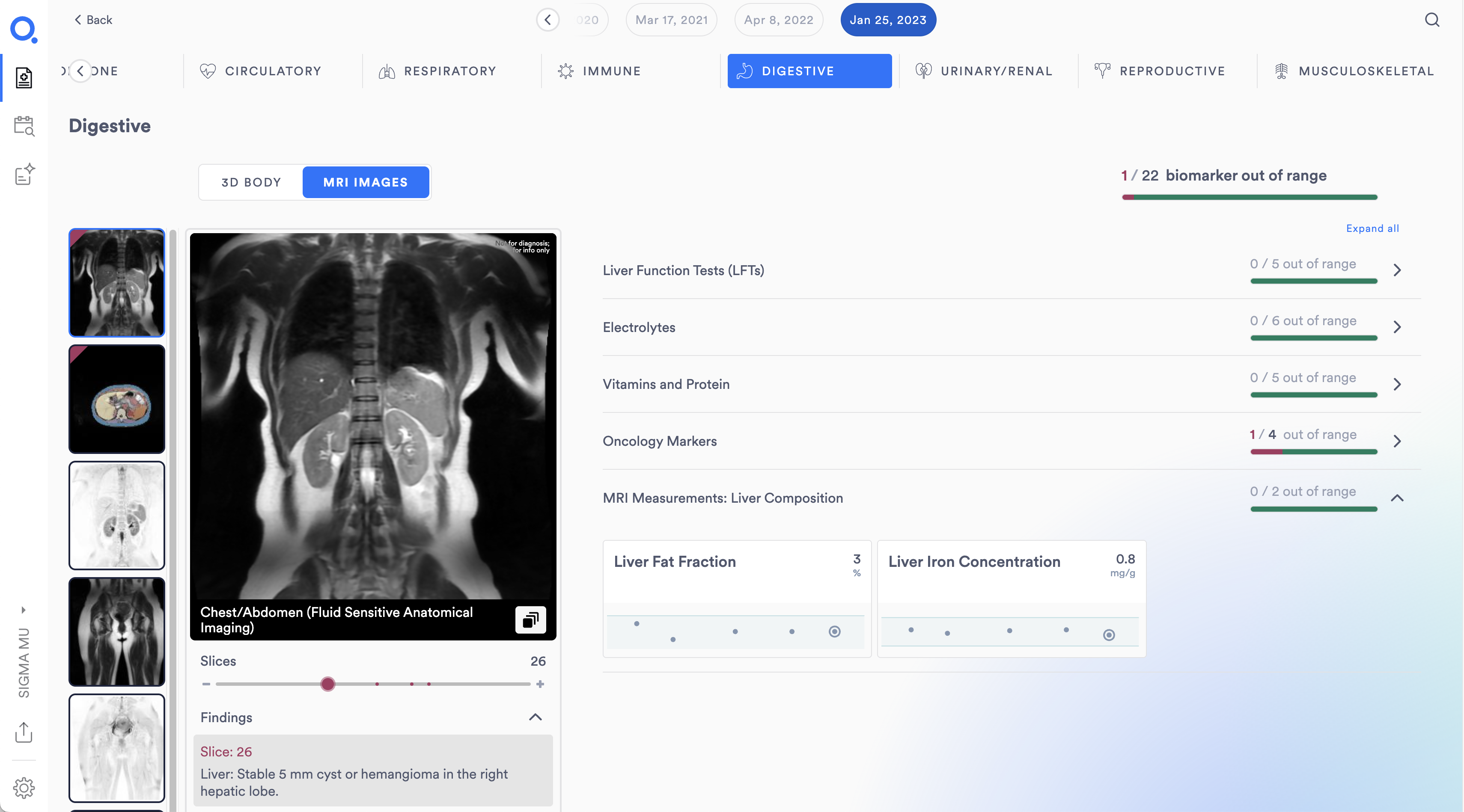 Digestive system detail in the Q Bio Health Dashboard: MRI viewer with chest and abdomen slice on the left, and biomarker panels on the right including Liver Function Tests, Electrolytes, Vitamins and Protein, Oncology Markers, and MRI Measurements: Liver Composition.