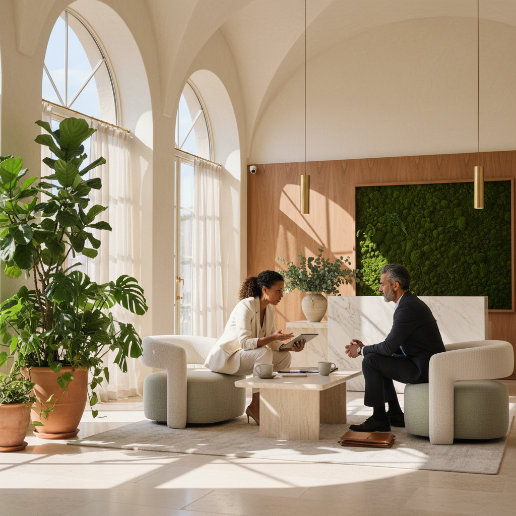 Two professionals in conversation in a daylit wellness lobby — representative of a Q Bio partnership consultation.