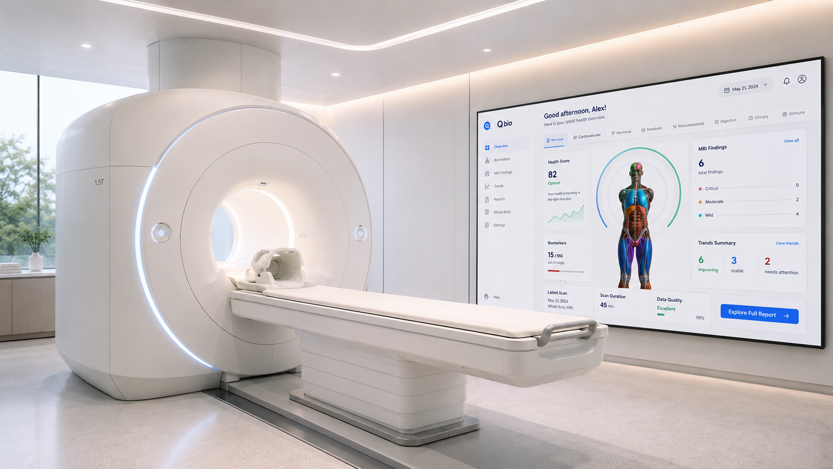 A premium clinical MRI suite with a wall-mounted Q Bio Health Dashboard showing a patient overview, organ-system findings, and biomarker summary — representative of a Q Exam delivered inside a partner deployment.